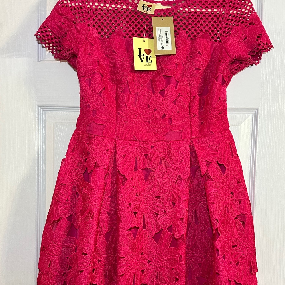 Flirty NWT (Large) Love Point Hot Pink Lace and Mesh Derby/Cocktail Party Dress